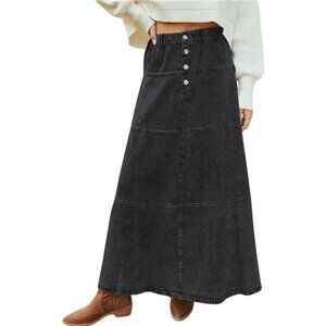 Women Casual Denim Maxi Skirt Elastic Waist Black